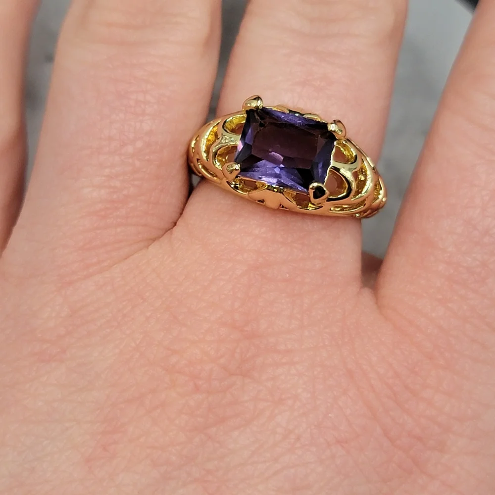 Gold Plated Simulated Amethyst Filigree Ring